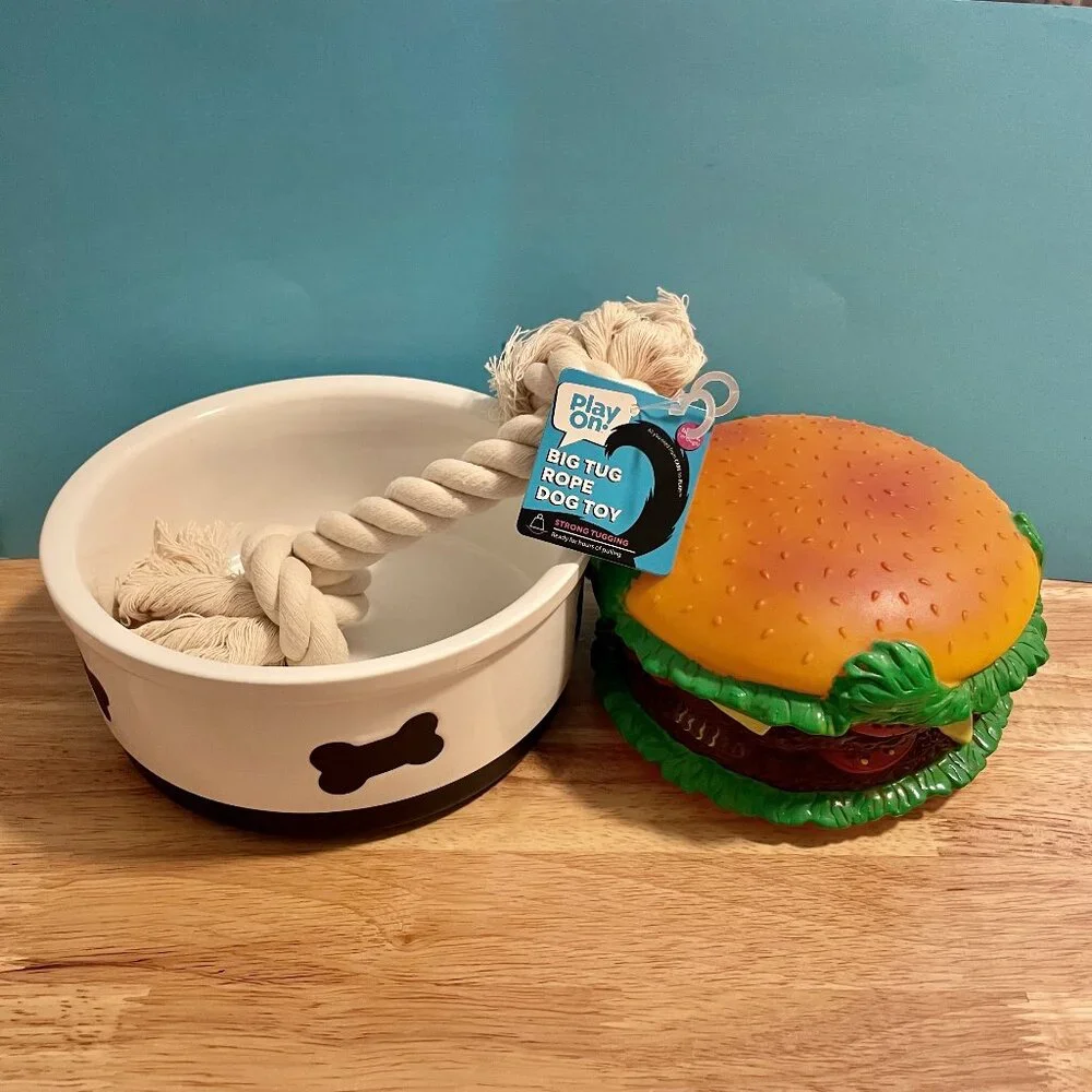 Sweejar Ceramic Dog Dish/Bowl, Rope Toy, & Squeak Toy Lot